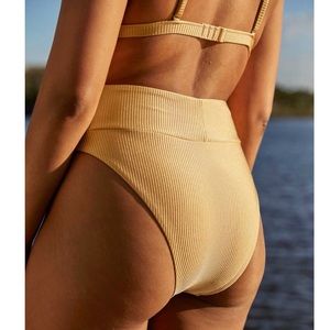 Ribbed Shine High Cut Cheeky Bikini Bottom